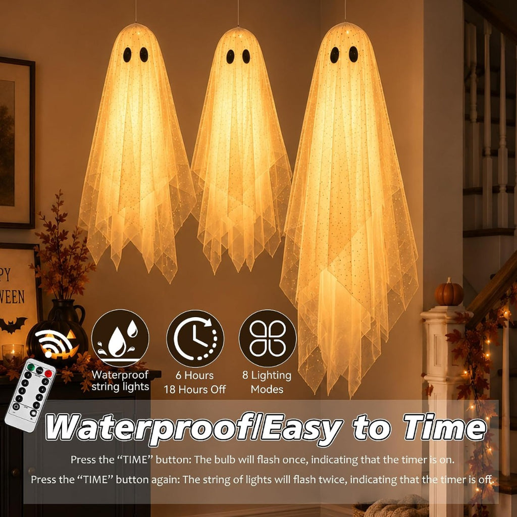 Halloween Hanging Ghost Decorations with Lights - Set of 3